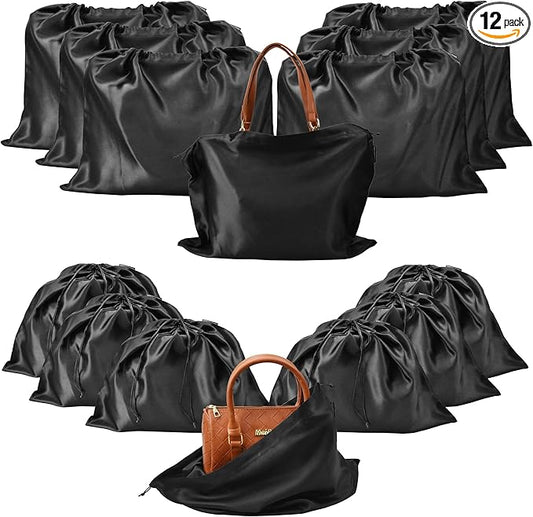 12 Pcs Dust Bags for Purses and Handbags Satin Purse Storage Organizer With Drawstring Closure Handbag Protector (Black)