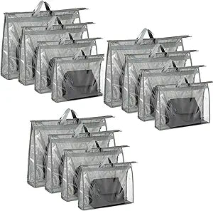 12 Packs Dust Bags for Handbag, Clear Purse Storage Organizer Bag for Closet with Zipper and Handle, 4 Size Hanging Dust Cover Bag for Purse Crafts Protector