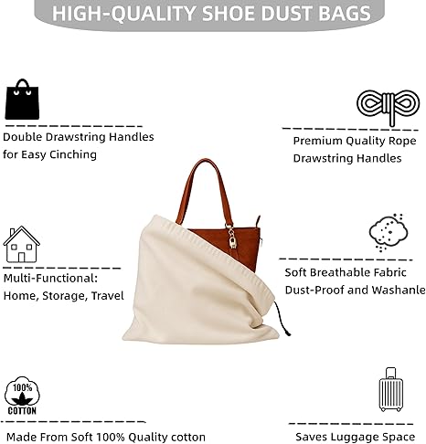 Dust Bags for Handbags Cotton Storage with Drawstring Closure, Dust Cover Storage Pouch for Packaging Handbags Purses Pocketbooks Shoes Boots Set of 2