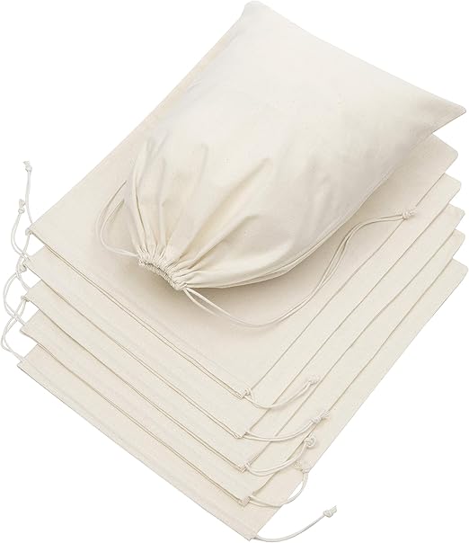 100 Percent Cotton Muslin Drawstring Bags For Shoes Storage Pantry Gifts (12 x 16 inch - 6 pack, Beige)