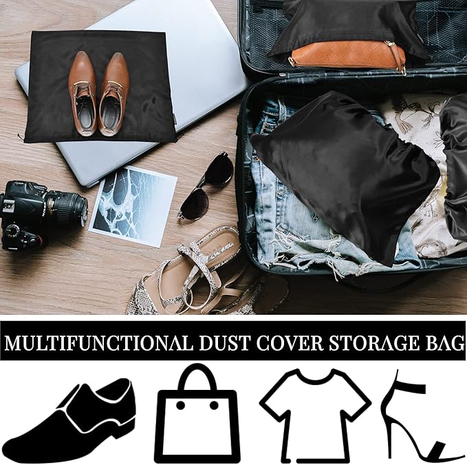 12 Pcs Dust Bags for Purses and Handbags Satin Purse Storage Organizer With Drawstring Closure Handbag Protector (Black)