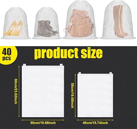 40 Pcs Dust Proof Drawstring Purse Storage Bag Breathable Non Woven Fabric Shoe Bag Dust Bags for Handbags Nonwoven Cloth Storage Pouch Cover for Shoe Boots Purse Travel Organizer, White