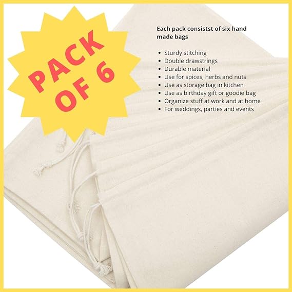 100 Percent Cotton Muslin Drawstring Bags For Shoes Storage Pantry Gifts (12 x 16 inch - 6 pack, Beige)