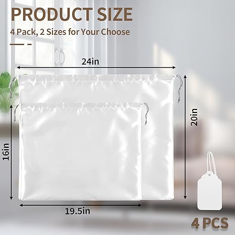 4 Pack Dust Bags for Handbags, Dust Cover Bag for Handbags Purses Cloth Shoes, Silk Large & Middle Daily Travel Storage Pouch Dustproof Drawstring Bag (White, 2 PCS, 24 x 20", 2 PCS, 19.5 x 16")