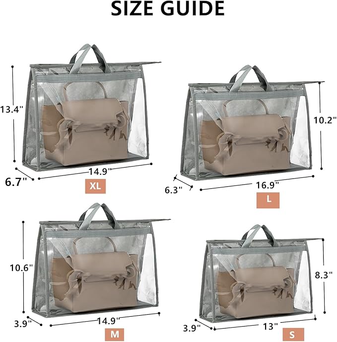 12 Packs Dust Bags for Handbag, Clear Purse Storage Organizer Bag for Closet with Zipper and Handle, 4 Size Hanging Dust Cover Bag for Purse Crafts Protector