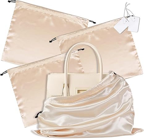 3 Pack Silky Dust Bags for Shoes and Purses, Satin Drawstring Bag for HandBags Boots - Beige Shoe Bag Silk Dust Cover Bag Protector Travel Storage Pouch(19.6 x 15.7 In)
