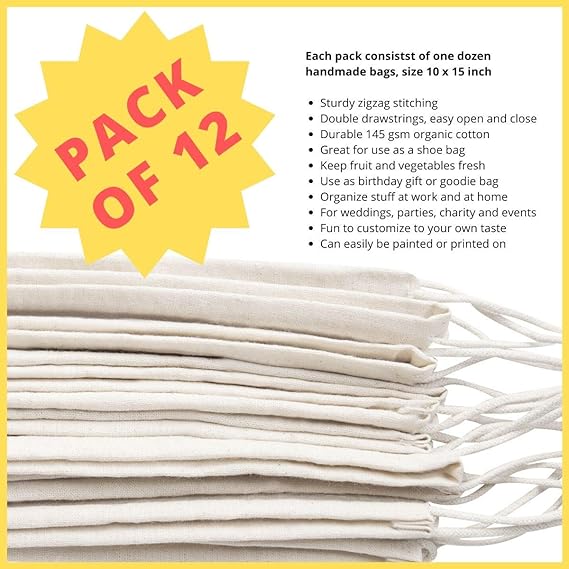 100 Percent Cotton 10x15 Muslin Drawstring Bags for Clothes Storage Pantry (10 x 15 inch - 12 pack, Beige)