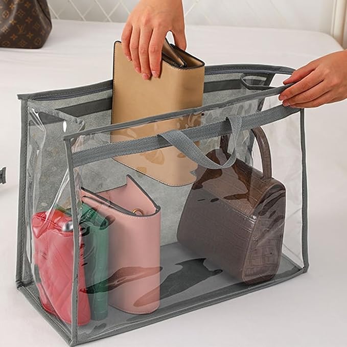 12 Packs Dust Bags for Handbag, Clear Purse Storage Organizer Bag for Closet with Zipper and Handle, 4 Size Hanging Dust Cover Bag for Purse Crafts Protector